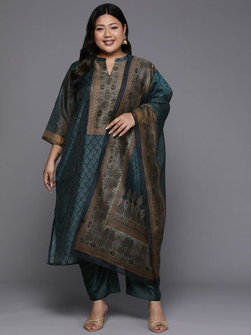 varanga plus size ethnic motifs printed chanderi silk kurta with trousers dupatta